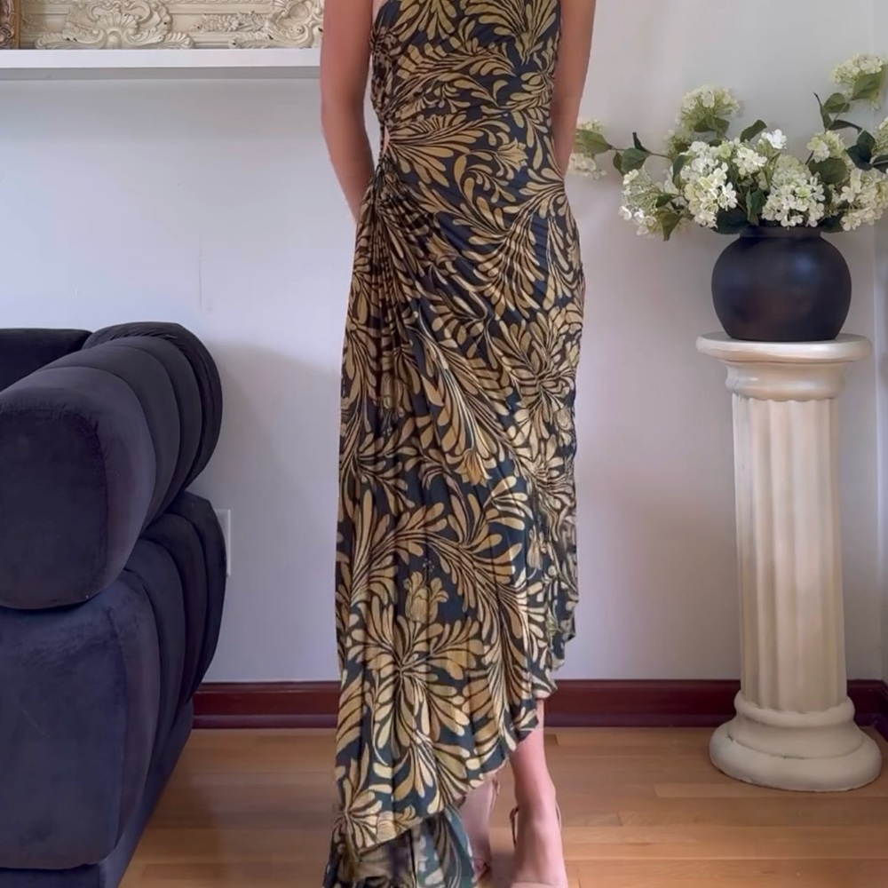 Modern Day Glam Printed One Shoulder Asymmetrical Maxi Dress